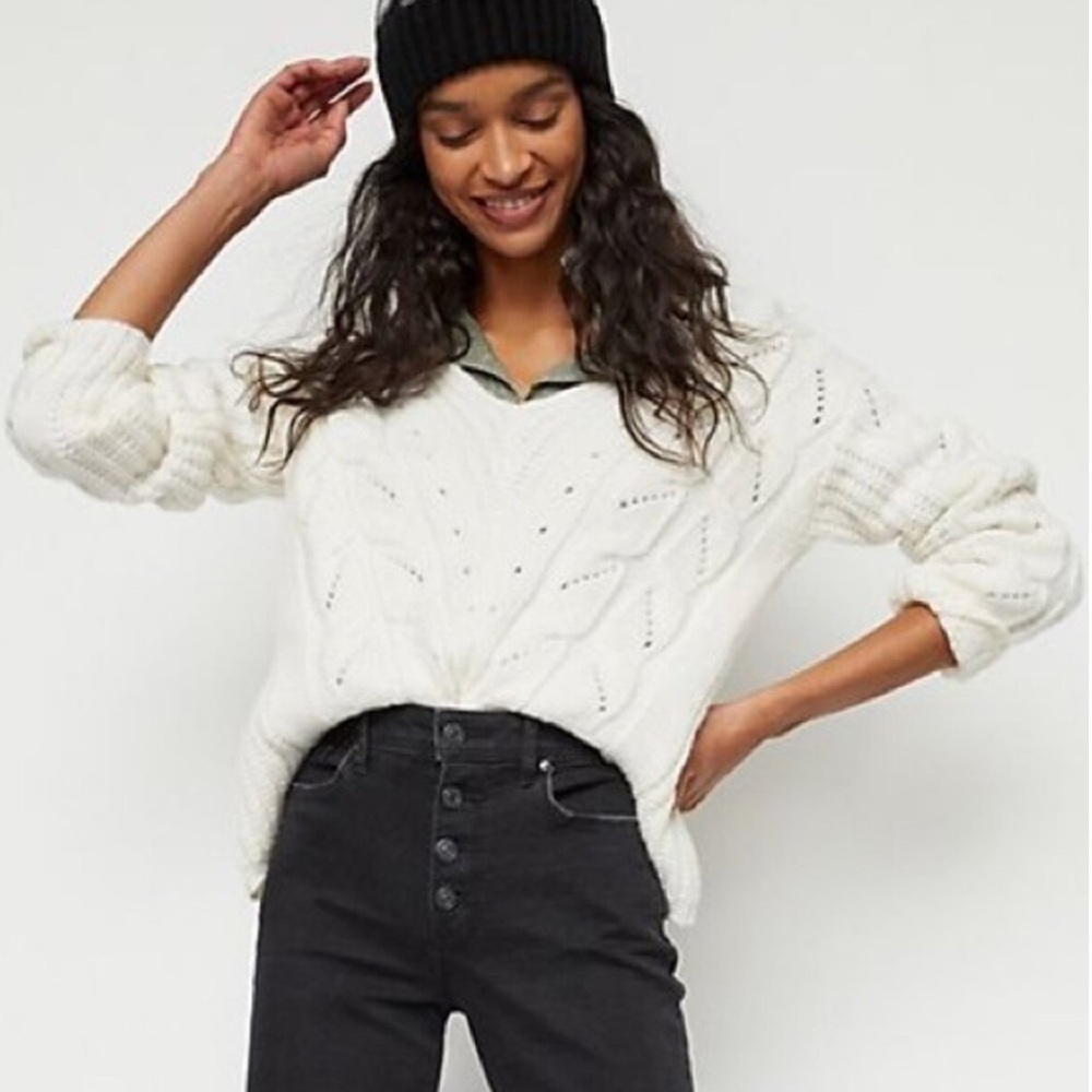 Anthropologie White Ramona Cable Knit Sweater